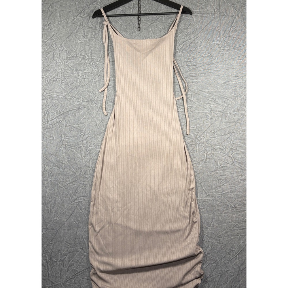 Zaful Maxi Dress Women Medium Beige Ribbed Knit Open Back Tie Cami Bodycon